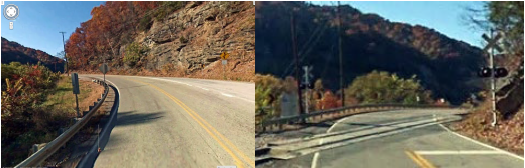 Two photos show the approach to the existing curve and the rail crossing that bisects it. Source: copyright 2015 Google Streetview