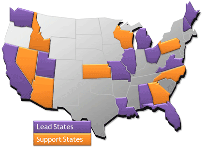 Exhibit 3: Map: Highlighting shows the states participating in the NCHRP 17-50 Highway Safety Manual Lead State Initiative project. Lead states (highlighted in purple) include Alabama, California, Florida, Illinois, Louisiana, Maine, Michigan, Missouri, New Hampshire, Ohio, Utah, Virginia, and Washington. Support states (highlighted in orange) include Arizona, Georgia, Idaho, Kansas, Nevada, North Carolina, Pennsylvania, and Wisconsin.