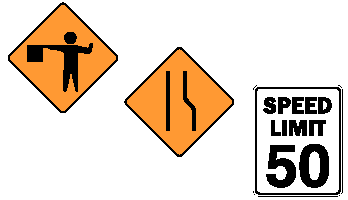 Limit Signs: Flagger Ahead, Merge, Speed Limit 50