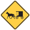 Graphic.  Yellow and black warning sign of non-motorized traffic.  The top sign depicts a horse-drawn vehicle.