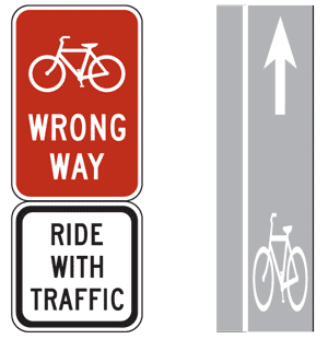 Graphics.  Two graphics showing bicycle signage and pavement markings.  On the left are two signs – the top sign is a red wrong way sign with a bicycle and below it is a black and white sign that states “Ride with traffic.”  On the right are pavement markings for a bike lane showing a bicycle with an arrow indicating the correct direction of travel.