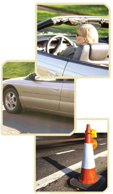 3 photos: driver, car and an orange cone on roadway