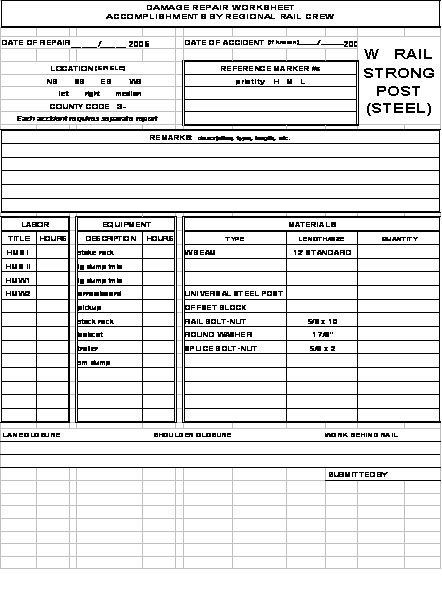 Image. This is a scanned copy of a sample w-beam guardrail repair log.