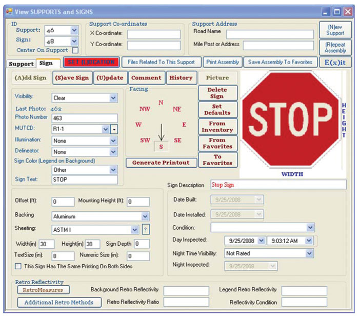 Figure E.1. Image. Screen capture from a computerized sign management module. The capture shows a wide array of information, including sign type and location.