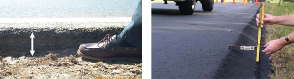 Figure 4. Two photos are shown which illustrate before and after using a safety edge on a pavement edge drop off. The right angled drop off is resurfaced so that there is a more gradually angled edge.