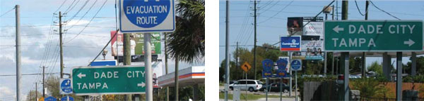 Figure 5 shows 4 photos. The first pair are before and after photos of an intersection where guide signs were consolidated and backplates were added to traffic signals to increase visibility. The second pair are before and after photos of another location where sign clutter was reduced and consolidated.