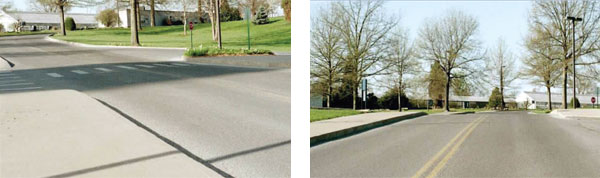 Figure 6 shows 4 photos. The photos are before and after comparisons of a marked crosswalk where pavement markings have been repainted and retroreflective signs have been installed to increase conspicuity.