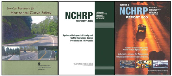 Figure 7. Images. Cover images of three documents are shown. The documents are Low-Cost Treatments for Horizontal Curve Safety, NCHRP Report 486: Systemwide Impact of Safety and Traffic Operations Design Decisions for 3R Projects, and NCHRP Report 500 Volume 5: A Guide for Addressing Unsignallized Intersection Collisions.