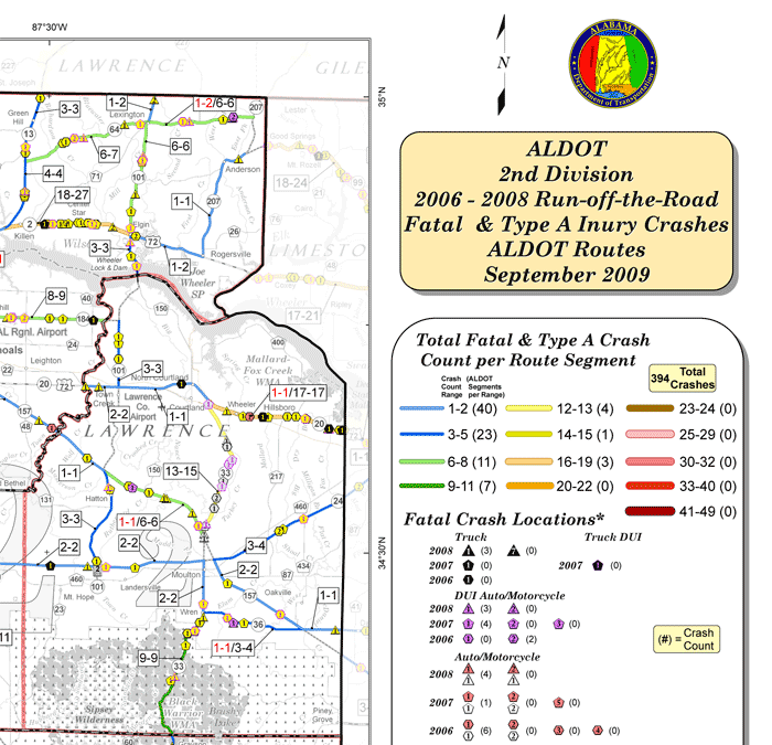 Figure 1: Map and Legend. This image shows an example of Alabama Department of Transportation Crash Map. The map shows roads which have been color coded to show total fatal and type A crashes per route segment and has crash locations marked.
