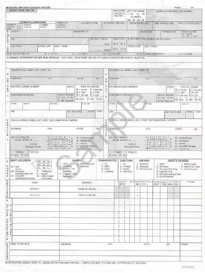 Copy of the first page of a sample Missouri Uniform Accident Report form.