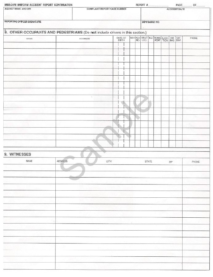 Copy of the fourth page of a sample Missouri Uniform Accident Report form.