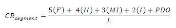 Equation. Crash rate subscript segment equals the result of 5(F) plus 4(II) plus 3(MI) plus 2(I) plus PDO divided by L.