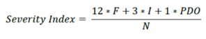 Equation. Severity index equals the result of 12 times F plus 3 times I plus 1 times PDO divided by N.