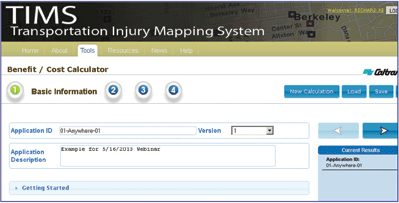 Figure 4.1 is a figure showing a screen shot of the Transportation Injury Mapping System benefit/cost calculator.