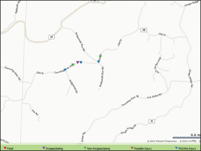 Figure 4.2 is a GCAT Crash Data Map showing fatal, serious and property damage only crashes from 2007 to 2011 on an Adams County township road.