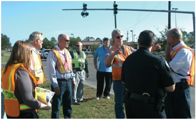 Figure 4.4 is a photo showing the Louisiana LTAP led Road Safety Audit for the South Central Transportation Safety Coalition team looking at an intersection and discussing the safety issues.