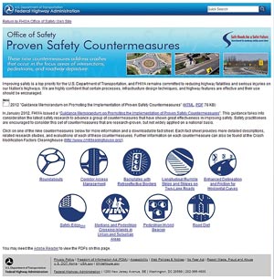 Screenshot example information from the Federal Highway Administration Office of Safety web site. This page is about proven safety countermeasures.