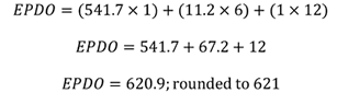 These equations show the calculations of the Equivalent Property Damage Only score. The resulting Equivalent Property Damage Only score is 621.