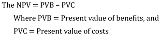 Equation showing how to calculate the net present value of a treatment. Net present value is the difference between the present value of benefits and the present value of costs.