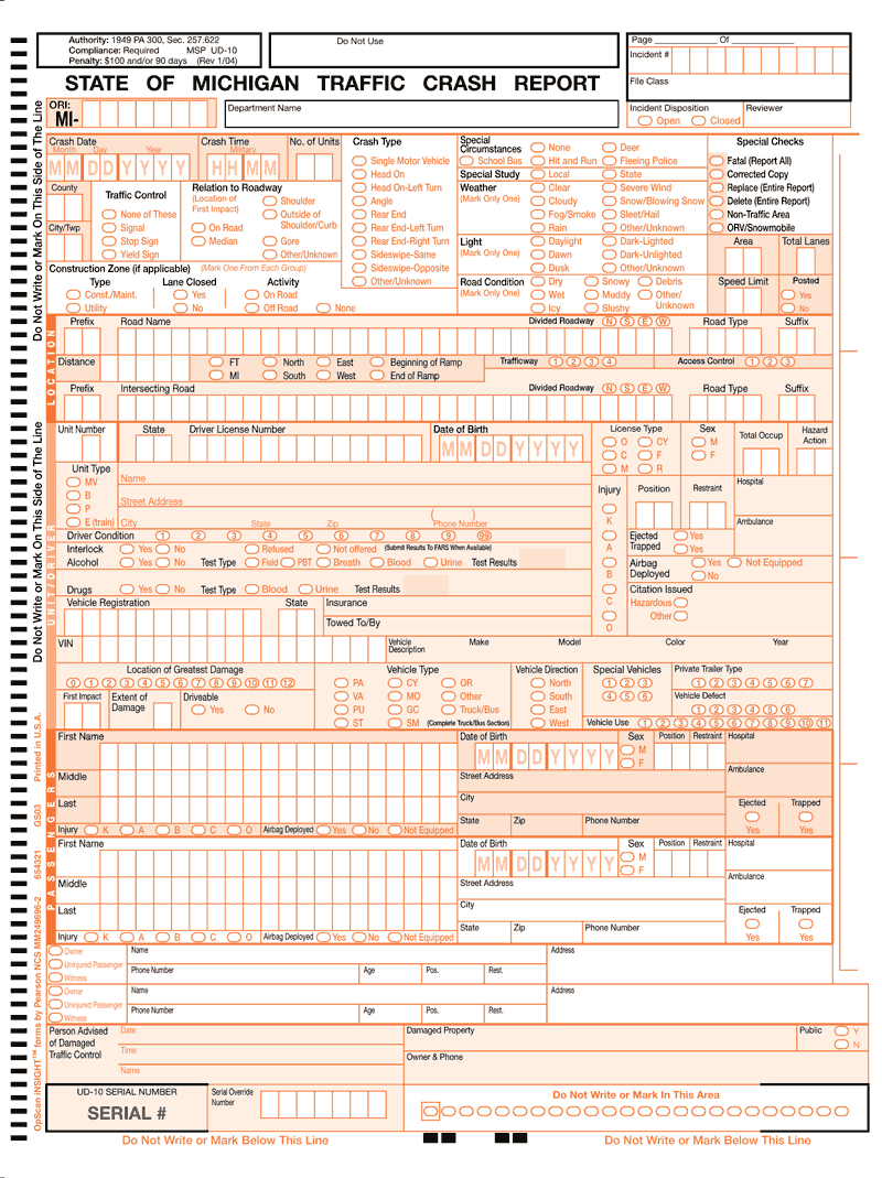 Figure 2 is an example of a crash report form. This report is from the State of Michigan. The crash report form shows the many different data elements collected after a crash. These elements include: personal information, information about the scene of the crash, the type of crash, injuries associated with the crash, driver impairment or distraction, and weather or road characteristics.
