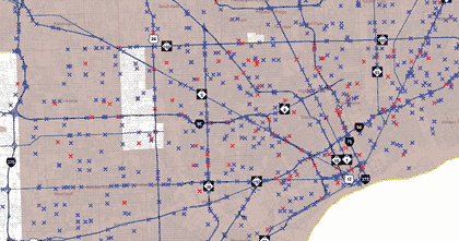 Figure 8 is an example map showing how fatal and severe injury crashes can be plotted on a map. This can be useful for identifying if there are any locational patterns to the crashes.