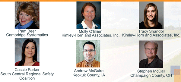 This is a list of the presenters for this webinar, accompanied by a headshot of each. Pam Beer, Cambridge Systematics; Molly O’Brien, Kimley-Horn and Associates, Inc.; Tracy Shandor, Kimley-Horn and Associates, Inc.; Cassie Parker, South Central Regional Safety Coalition; Andrew McGuire, Keokuk County, IA; Stephen McCall, Champaign County, OH.