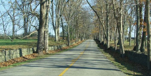 Photo of a long, straight two-way road that stretches into the distance in a rural area.