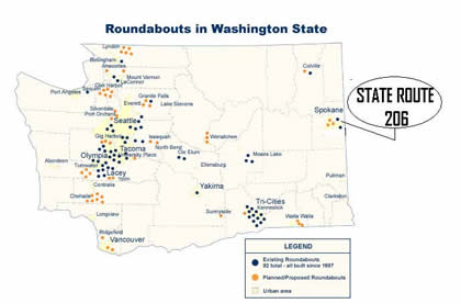 A map showing roundabouts in Washington State.  State Route 206 is highlighted.