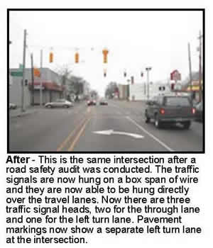After - This is the same intersection after a road safety audit was conducted. The traffic signals are now hung on a box span of wire and they are now able to be hung directly over the travel lanes. Now there are three traffic signal heads, two for the through lane and one for the left turn lane. Pavement markings now show a separate left turn lane at the intersection.
