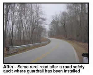 After - Same rural road after a road safety audit where guardrail has been installed
