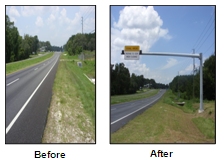 Before and after photos of a roadway, with the before photo featuring a roadway with narrow shoulder that drops off steeply. The after photo shows that the dropoff has been graded to soften the slope and a pole with a mastarm has been installed with signs and flashing lights indicating a school zone ahead.