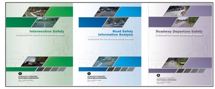 Snapshots of the covers of the three local rural road owner manuals on Intersection Safety, Roadway Departure Safety, and Roadway Safety Information Analysis.