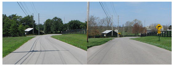 Before and after photos of curve warning countermeasure Installation on Vince Rd.