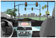 Artist's rendering of a connected vehicle's information display on the dashboard.