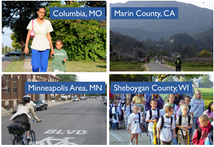 Collage of pedestrians and bicyclists in Columbia, Missouri; Marin County, California; Minneapolis, Minnesota; and Sheboygan County, Wisconsin.