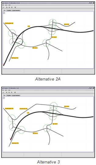 Two diagrams, one depicting alternative 2A, in which two closely spaced interchanges are retained with some improvements, and the other showing alternative 3, in which one of the interchanges is removed, a new connector road is added, and local roadway network improvements are implemented.