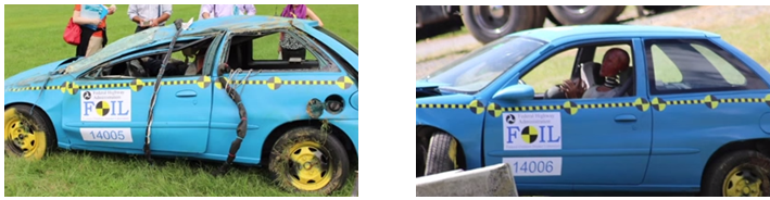 Two side by side photos of the FOIL crash vehicle after the uncoated barrier test crash (left) and the vehicle after the coated barrier test crash (right). The vehicle to the left has a crushed roof due to rolling over, but the vehicle to the right does not.