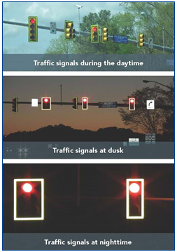 Three photos depicting newly installedretroreflective backplates on various signals. One photo was taken during the day, one was taken at dusk, and the third was taken during fully dark conditions.