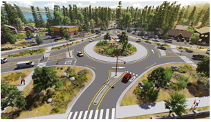 Artist's rendering of a single-lane roundabout featuring up-to-date pedestrian crosswalks and nearby walking paths.