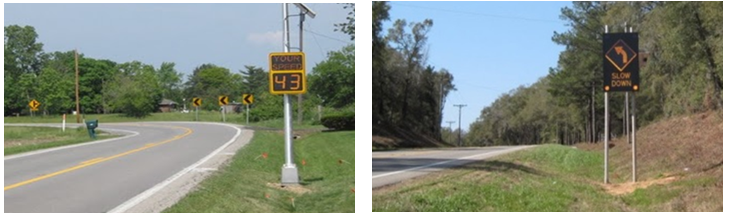 Two photos: the left shows a speed display sign, and the right shows a curve warning sign.