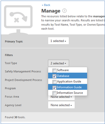 Screen capture of the Safety Management and Decision Function category depicts dropdown menus for filter selection.