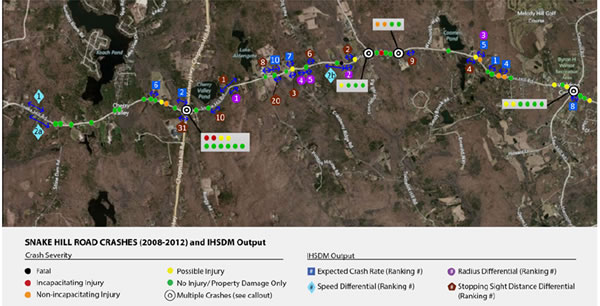 Section of Snake Hill Road in Glocester, Rhode Island with crashes (2008-2012) and IHSDM output results. The results confirmed critical â€œspotâ€� locations along the corridor, including three intersections that showed a total of 24 crashes during a 4-year period.