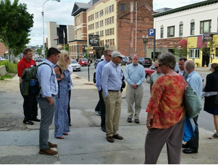 Peer exchange participants tour the Worcester, MA Main Street Business District, where a Road Diet is being considered as part of a corridor streetscape project.