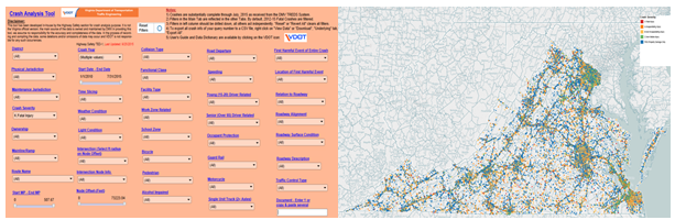Two screen captures show a filter tool with dropdowns and a map of the state of virginia with color-coded data points indicating crash occurrences by severity.