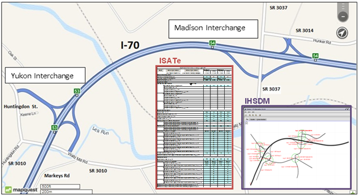 Map of the Yukon and Madison interchanges on I-70 in Pennsyvlania with outputs from the ISATe and IHSDM tools overlaid on the image.
