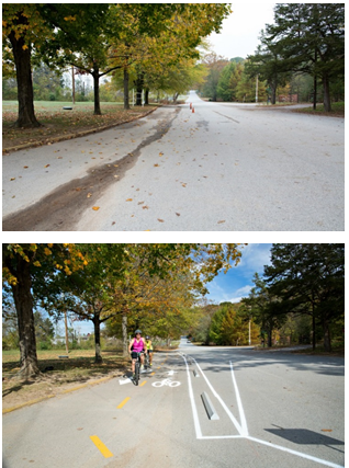 Before photo depicts a wide road with unmarked pavement and the after photo shows the pilot project modification to add two bicycle lanes (one in each direction) separated from the roadway by markings and temporary parking blocks.