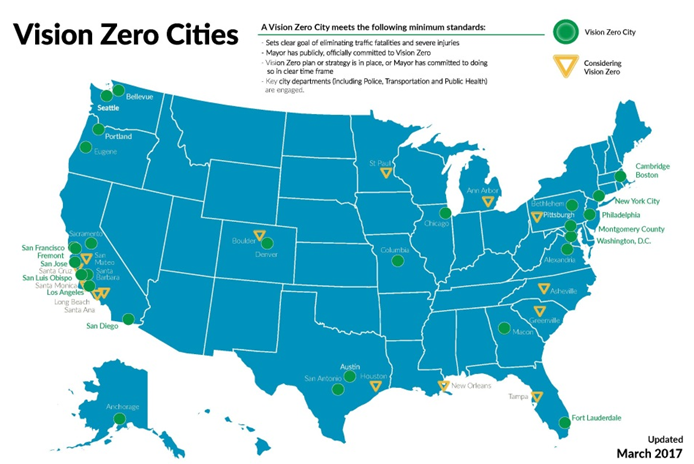 Vision Zero Cities. Map depicts the cities across the United States that either have adopted or are considering adopting Vision Zero.
