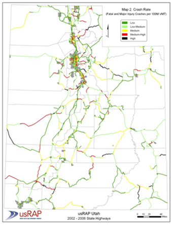Screen capture of a color-coded crash rate map for Utah.