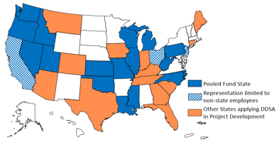 Map illustrates pooled fund states, states whose representation was limited to non-state employees, and other states applying DDSA in project development.