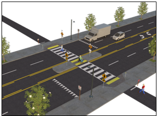 Illustration of a crosswalk featuring a pedestrian refuge island to help protect pedestrians who are crossing a multilane road.